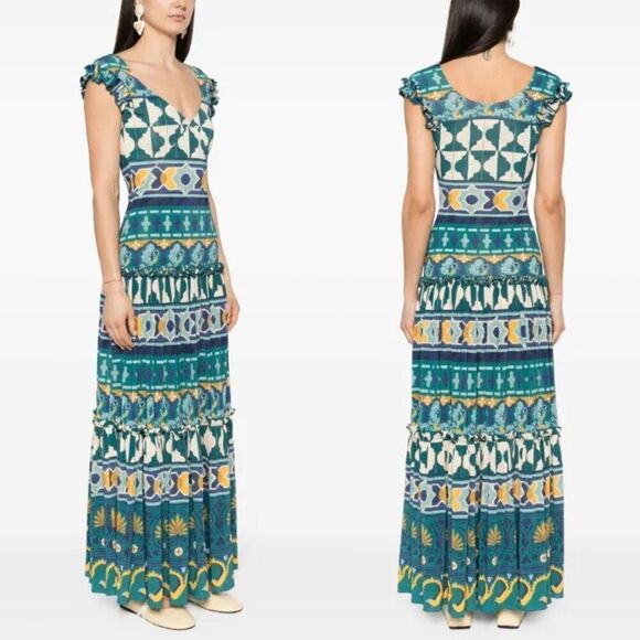 La DoubleJ Dress Pimento Blue Printed V-Neck Short Sleeve Maxi Dress Size XS - Picture 7 of 13